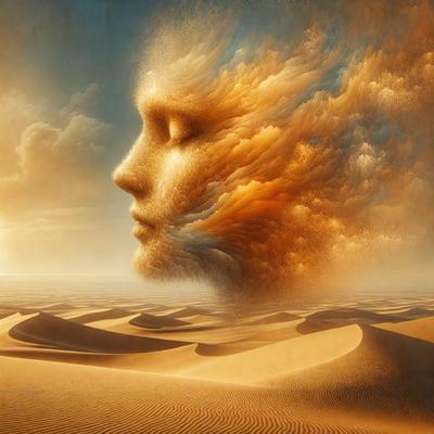 The primary subject of the image is a close-up of a woman's face, with her eyes closed. The setting is a desert landscape, with sand and clouds visible in the background. The visual style is a combination of photo and digital art, creating a surreal and dreamy atmosphere. The colors are predominantly warm and earthy tones, with the woman's face being the focal point of the image.